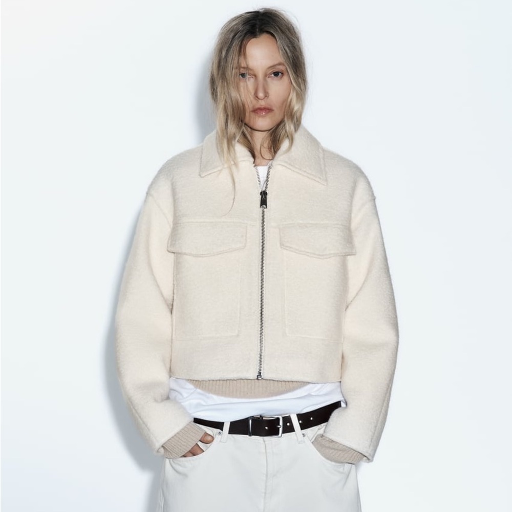 Zara Boucle Jacket Cream Textured Winter Cropped Jacket